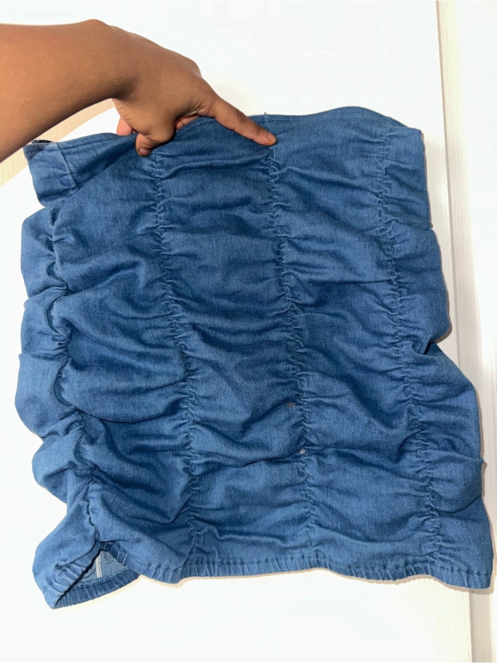 Fashion Nova Denim Ruched Strapless Crop Top - Blue